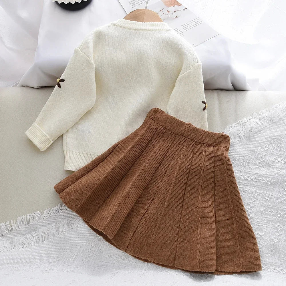 Beige Daisy Sweater Cardigan & Coffee Skirt 2Pcs