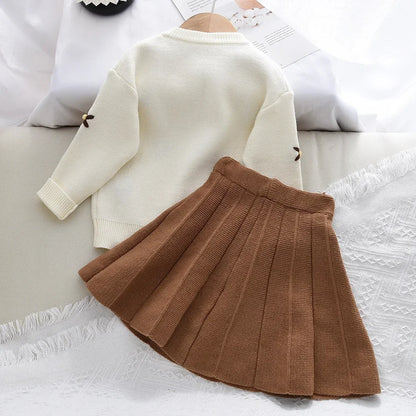 Beige Daisy Sweater Cardigan & Coffee Skirt 2Pcs