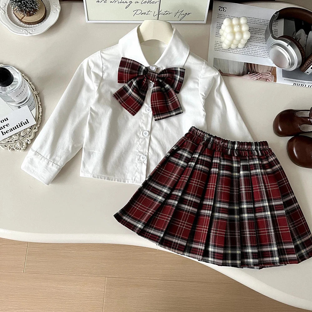 Knitted Vest With Turn-Down Collar & Plaid Skirt - 3pc Set Outfit
