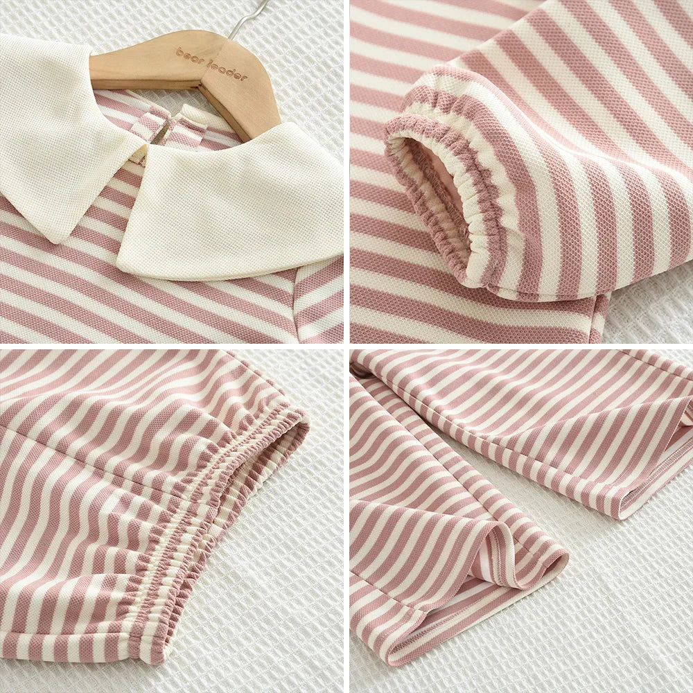 Stripe Collar Long Sleeve Top And Pants Set