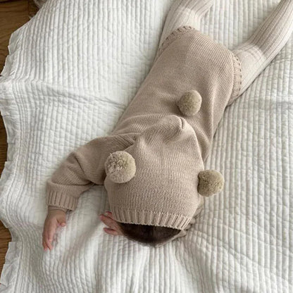 Knitted Solid Color Hooded Baby Romper