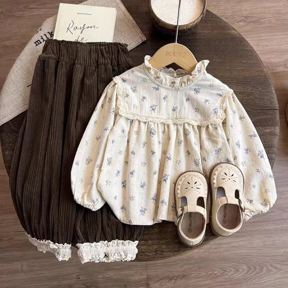 Floral Doll Shirt & Lace Ankle Pants Two-Piece Set