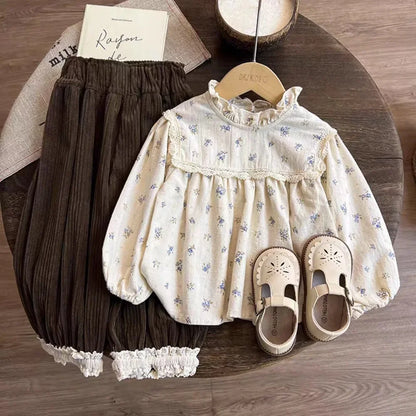 Floral Doll Shirt & Lace Ankle Pants Two-Piece Set
