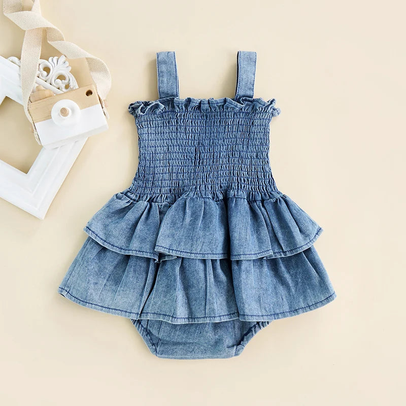 Girl Denim Romper – Sleeveless Ruffle Hem Jumpsuit