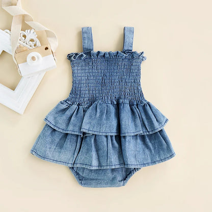 Girl Denim Romper – Sleeveless Ruffle Hem Jumpsuit