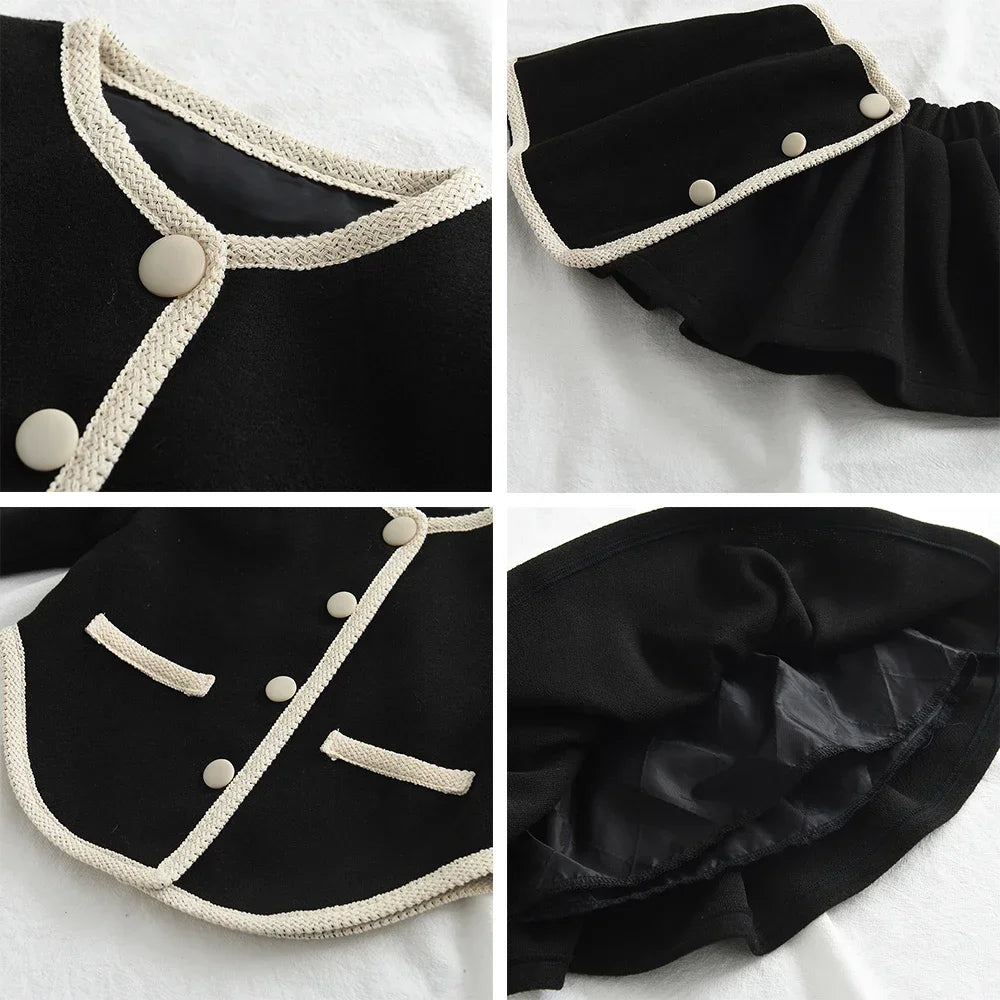 Black Edge Round Neck Button Top & Skirt Two Piece Set