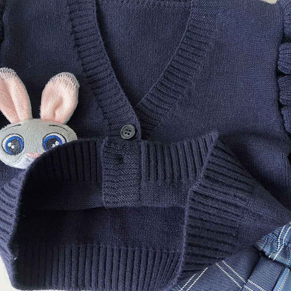 Knitted Vest With Turn-Down Collar & Plaid Skirt - 3pc Set Outfit