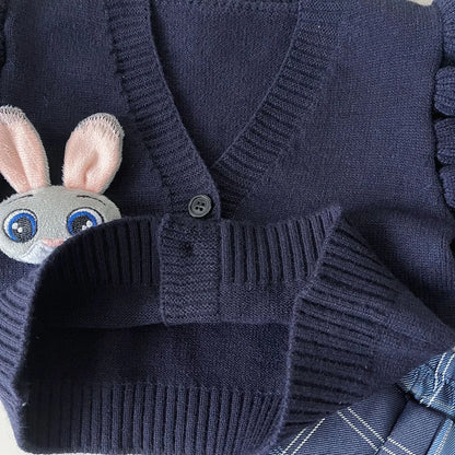 Knitted Vest With Turn-Down Collar & Plaid Skirt - 3pc Set Outfit