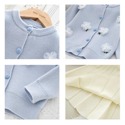 Sweet Blue Flower Knitted Cardigan Top & Beige Skirt Two-piece Set