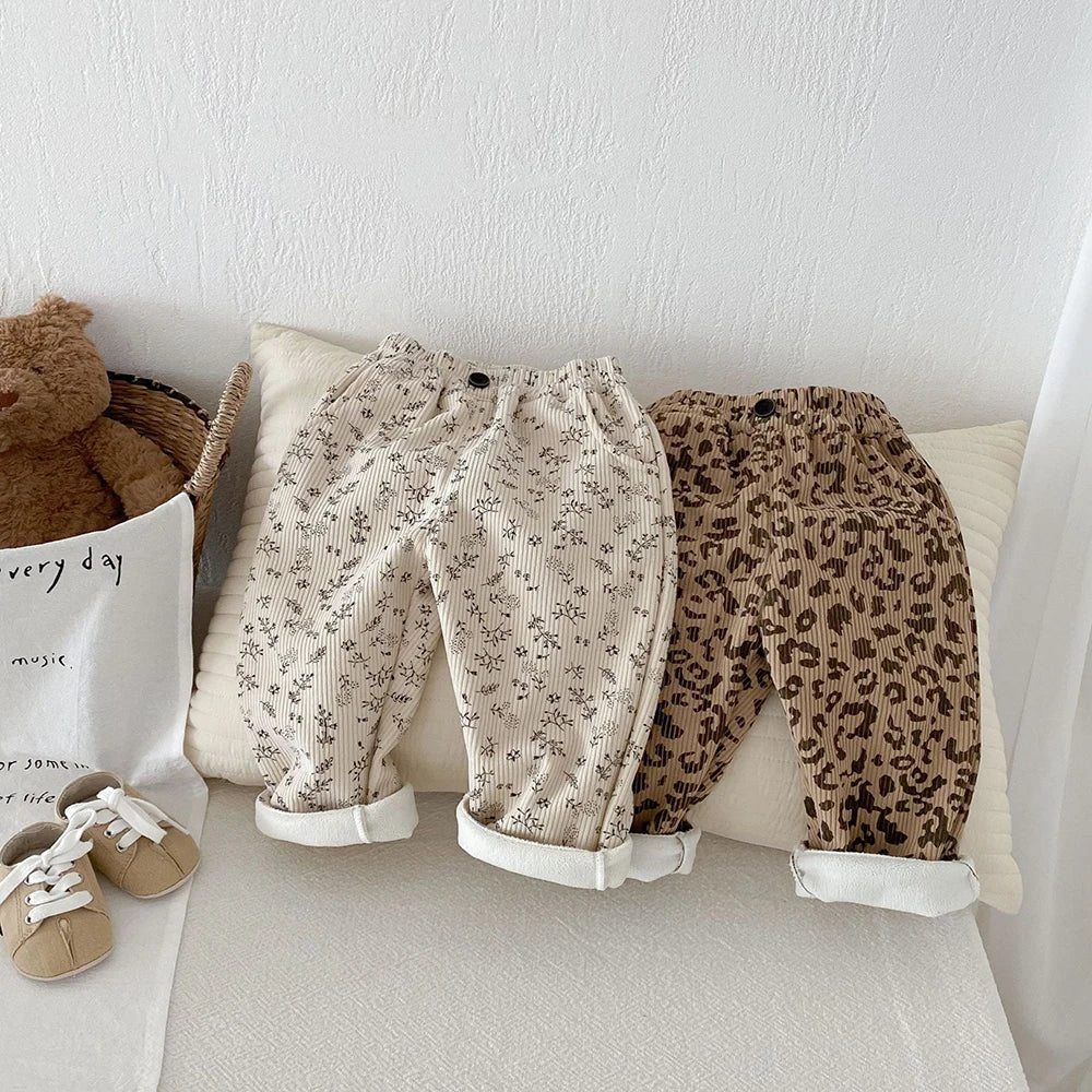 Warm Fleece-Lined Kids Pants - Floral & Leopard Print