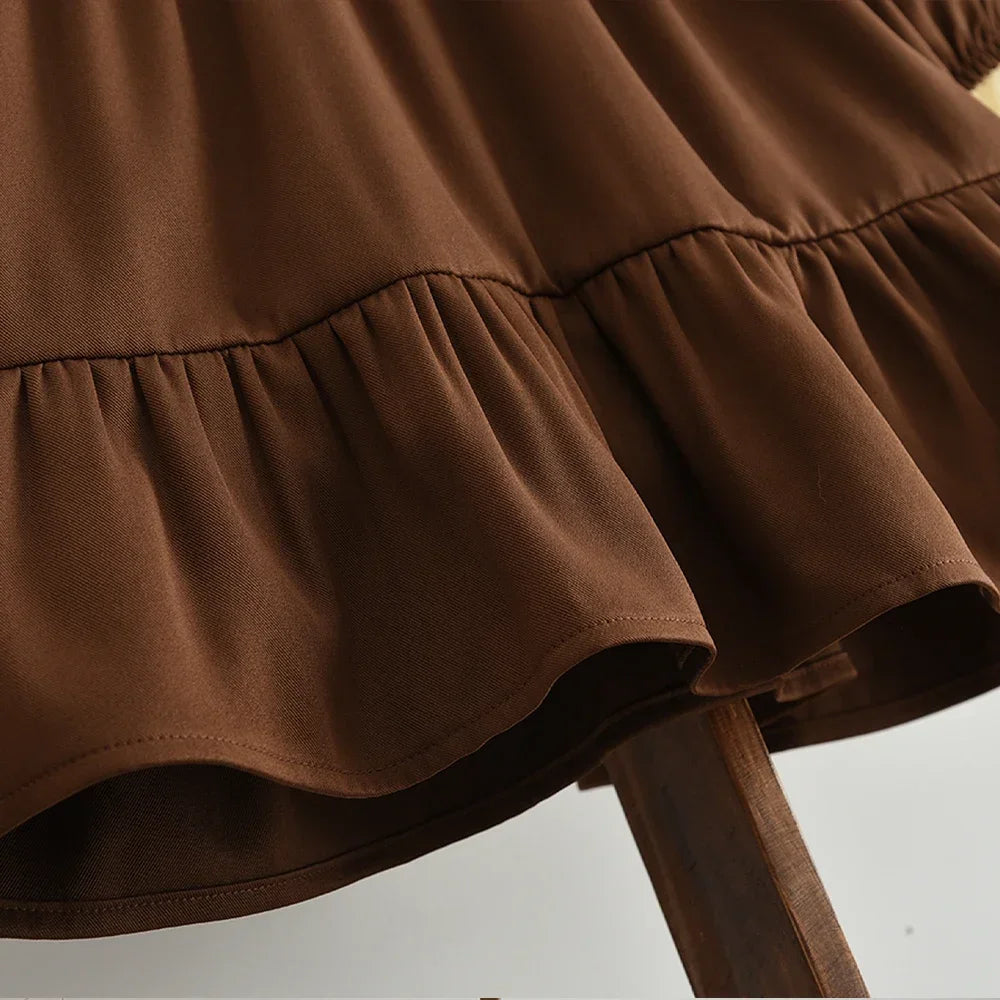 Coffee Long Sleeved Dress & Beige Teddy Velvet Vest Set