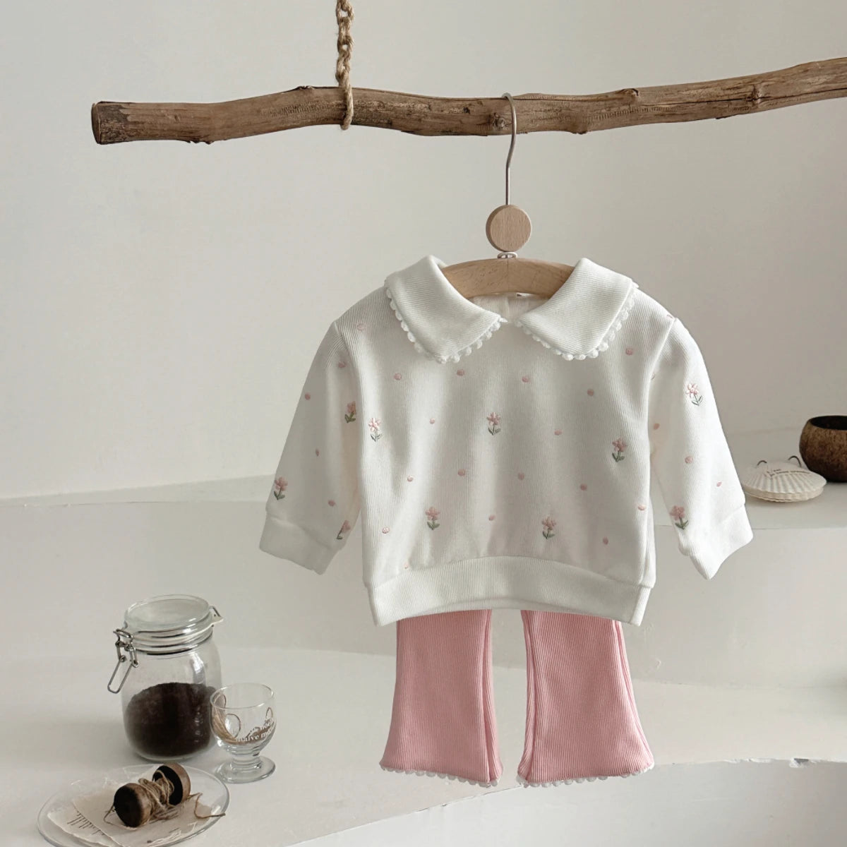 New Girls Floral Embroidered Top & Bottom Baby Set
