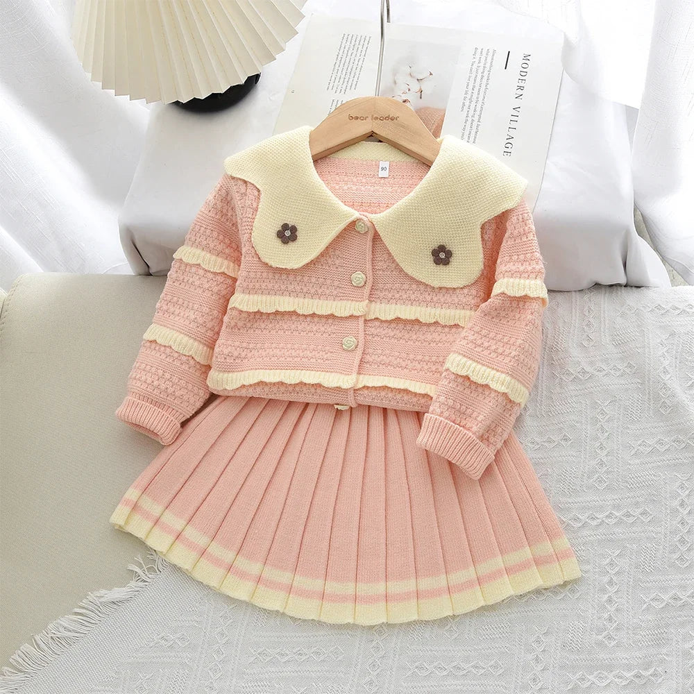 Doll Collar Cardigan & Pleated Skirt Two-piece Set