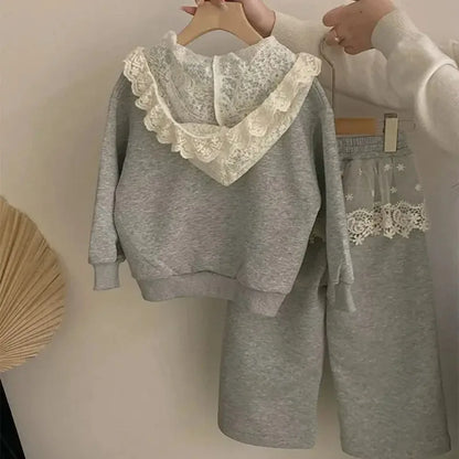 Cute Lace Patchwork Hoodie & Pants Two-piece Set