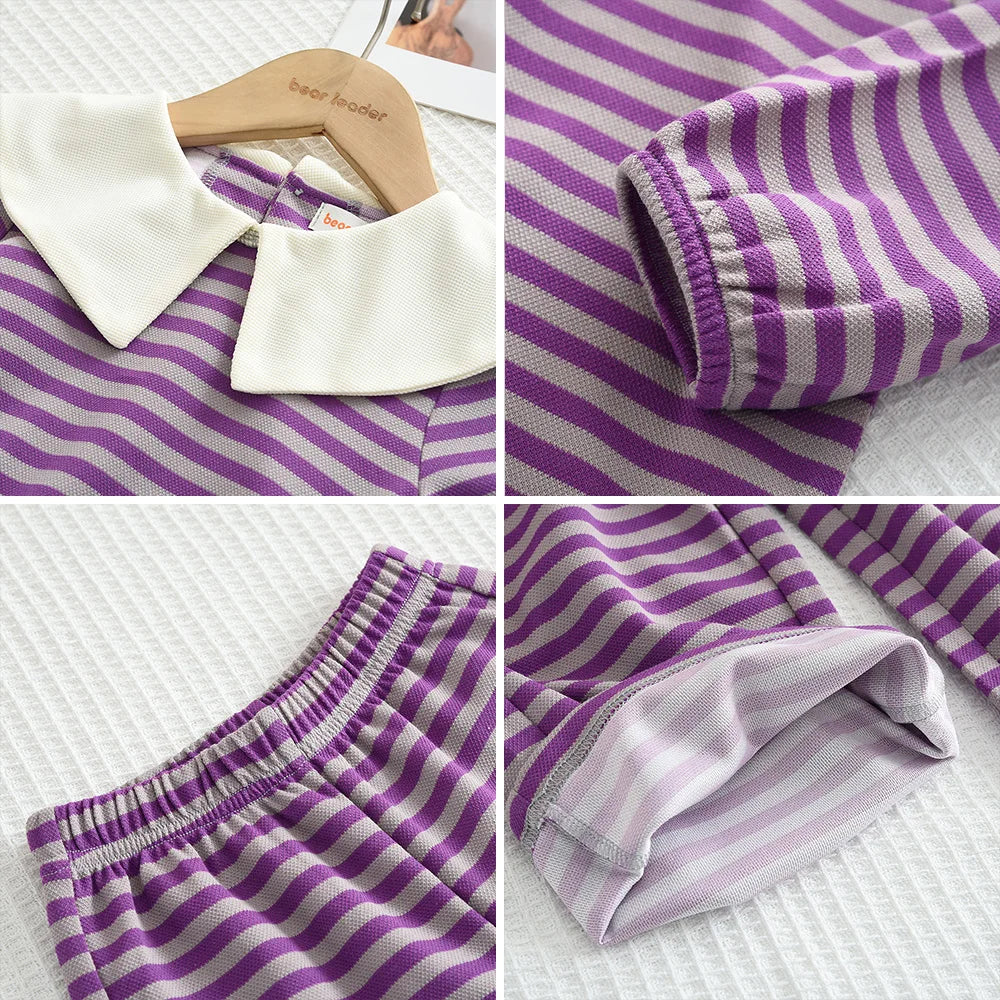 Stripe Collar Long Sleeve Top And Pants Set