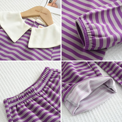 Stripe Collar Long Sleeve Top And Pants Set