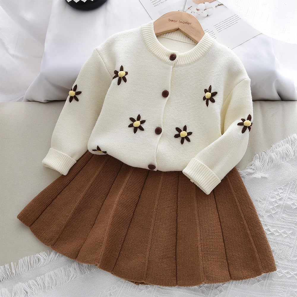 Beige Daisy Sweater Cardigan & Coffee Skirt 2Pcs