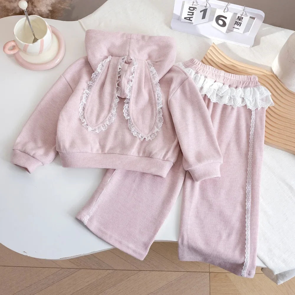 Cute Lace Patchwork Hoodie & Pants Two-piece Set