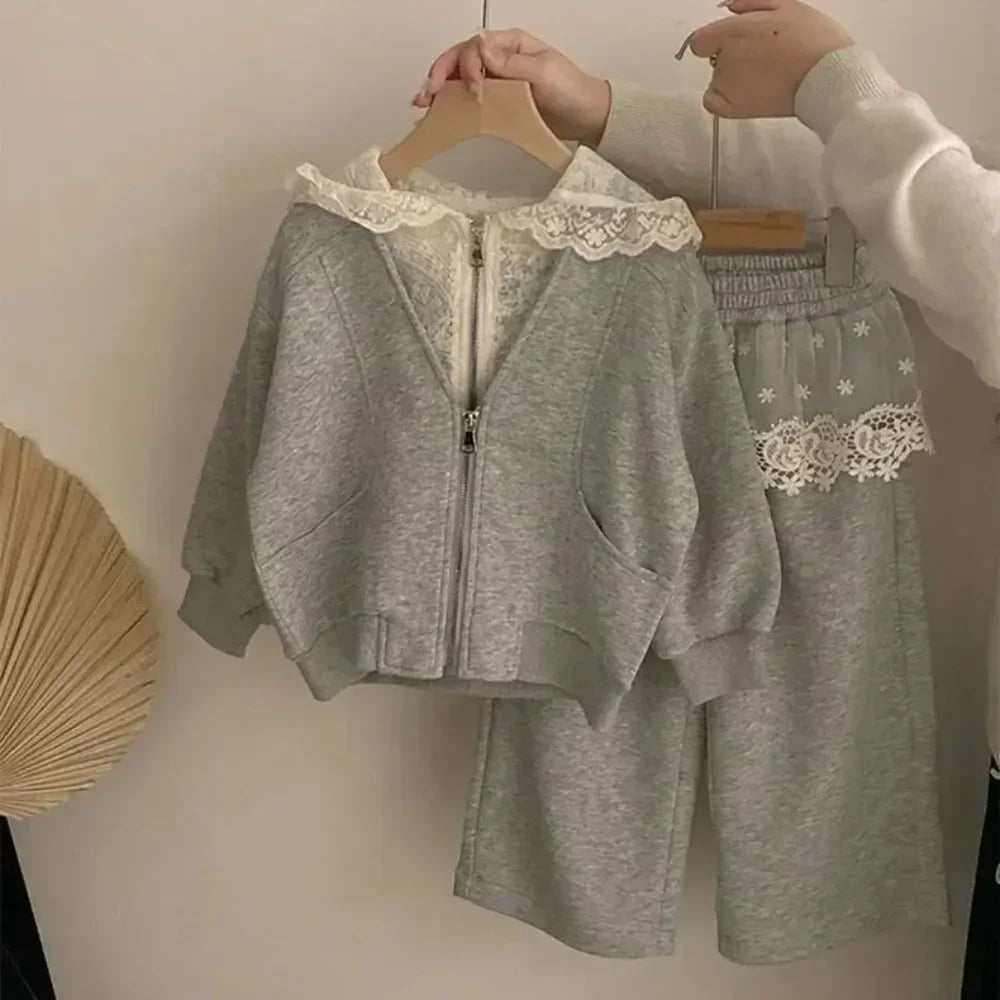 Cute Lace Patchwork Hoodie & Pants Two-piece Set
