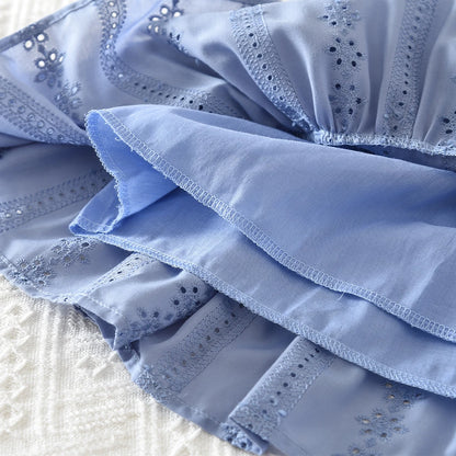 Flower Embroidery Doll Collar Shirt Top & Skirt Set