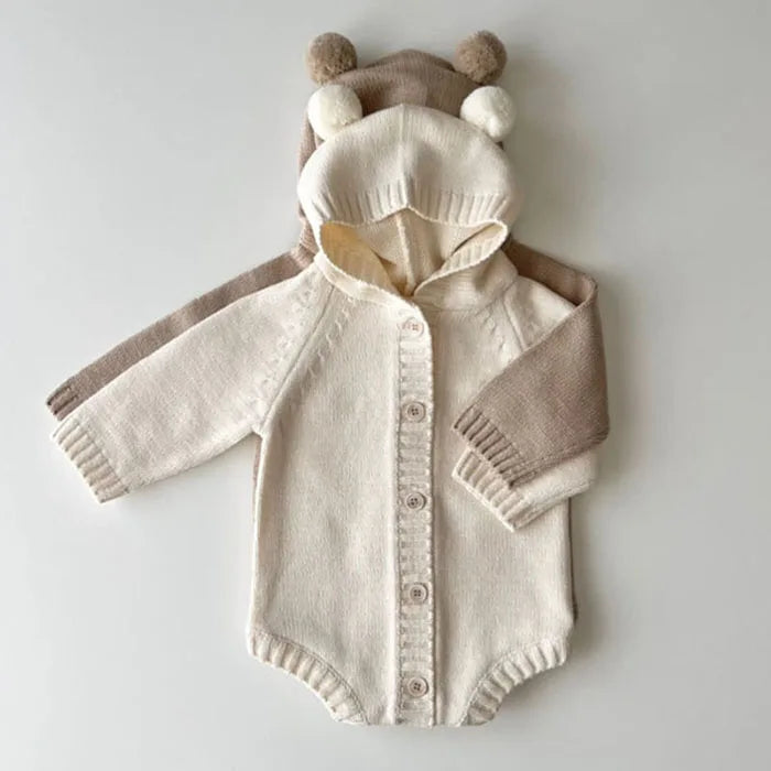 Knitted Solid Color Hooded Baby Romper