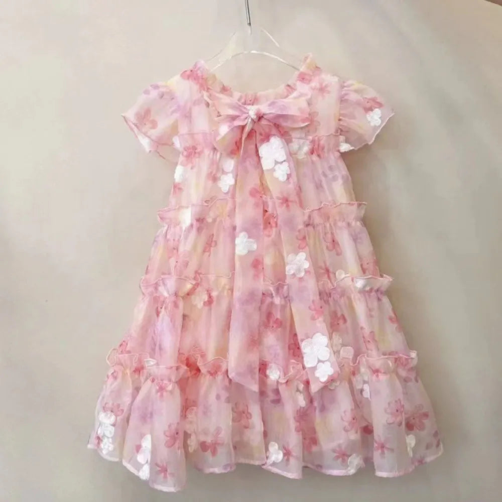 Pink Lace Floral Puff Cake Princess Dress