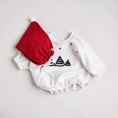 Christmas Fur Lining Bodysuit Christmas Tree Embroidery With Hat