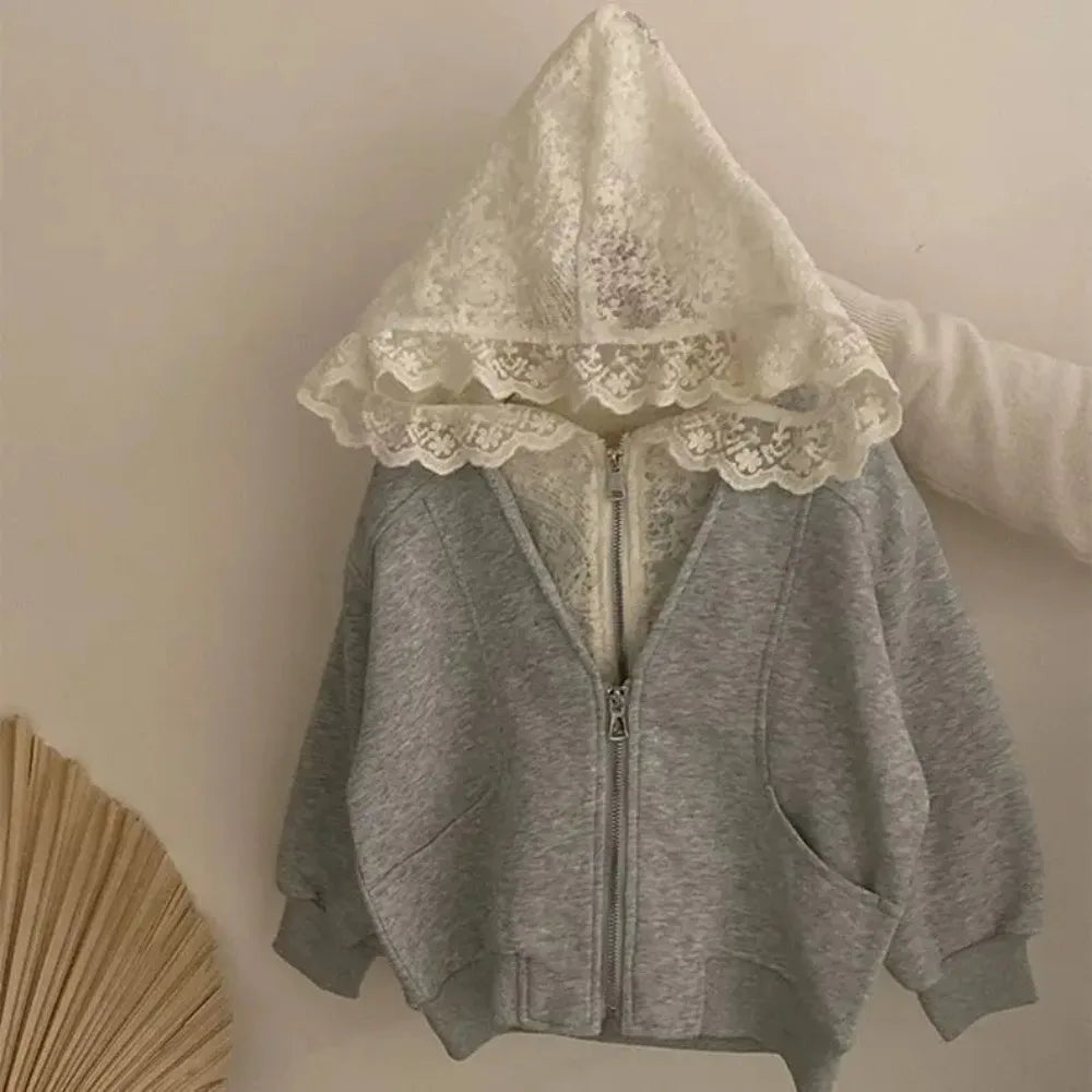 Cute Lace Patchwork Hoodie & Pants Two-piece Set