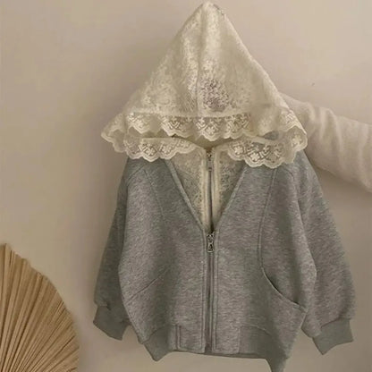 Cute Lace Patchwork Hoodie & Pants Two-piece Set