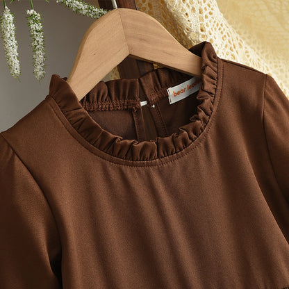 Coffee Long Sleeved Dress & Beige Teddy Velvet Vest Set