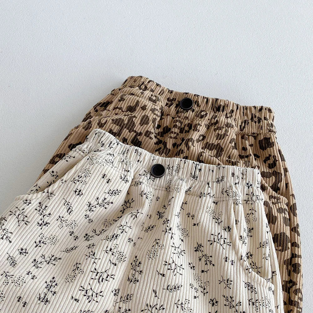 Warm Fleece-Lined Kids Pants - Floral & Leopard Print