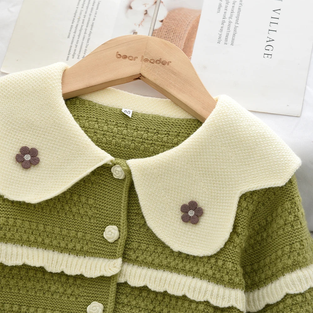 Doll Collar Cardigan & Pleated Skirt Two-piece Set