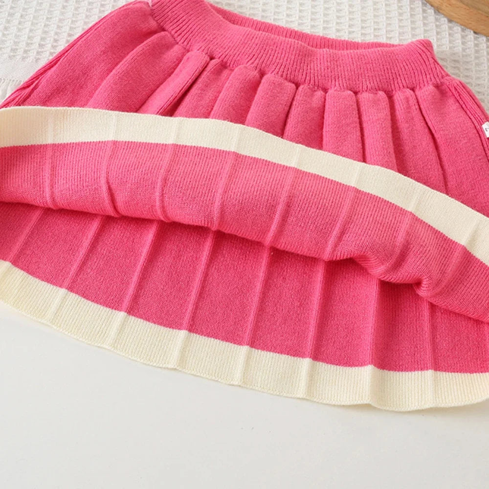 Jacquard Knitted Grid Wave Sweater And Rose Red Pleated Skirt Set