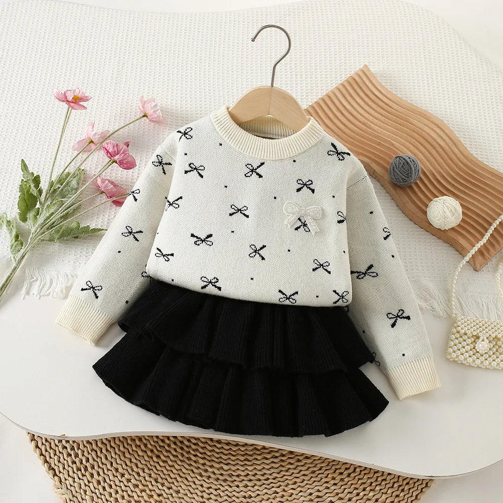 Bow Sweater And Pleated Skirt Set