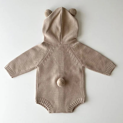 Knitted Solid Color Hooded Baby Romper