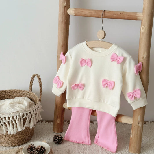 Bowknot Long Sleeved & Pink Flared Trousers Set