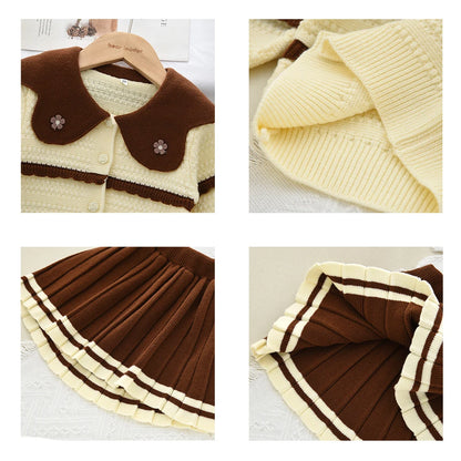 Doll Collar Cardigan & Pleated Skirt Two-piece Set