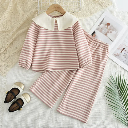 Stripe Collar Long Sleeve Top And Pants Set