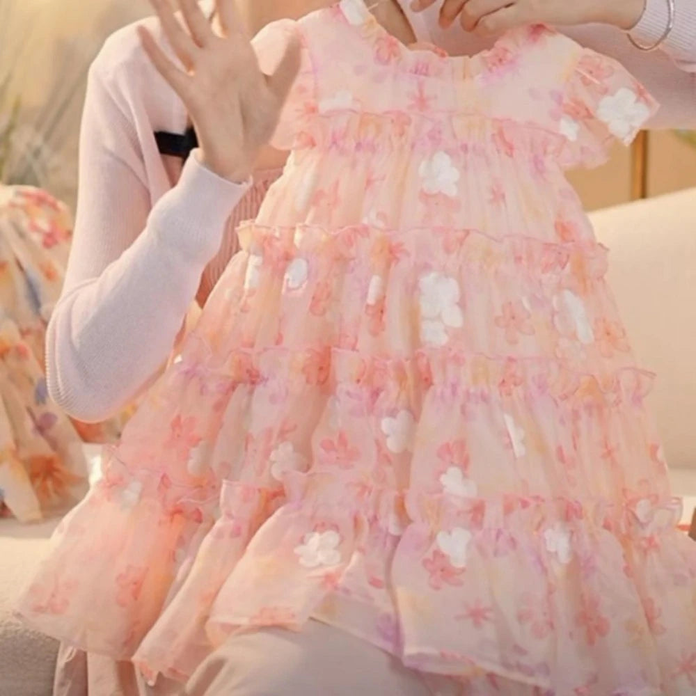 Pink Lace Floral Puff Cake Princess Dress