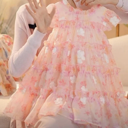 Pink Lace Floral Puff Cake Princess Dress
