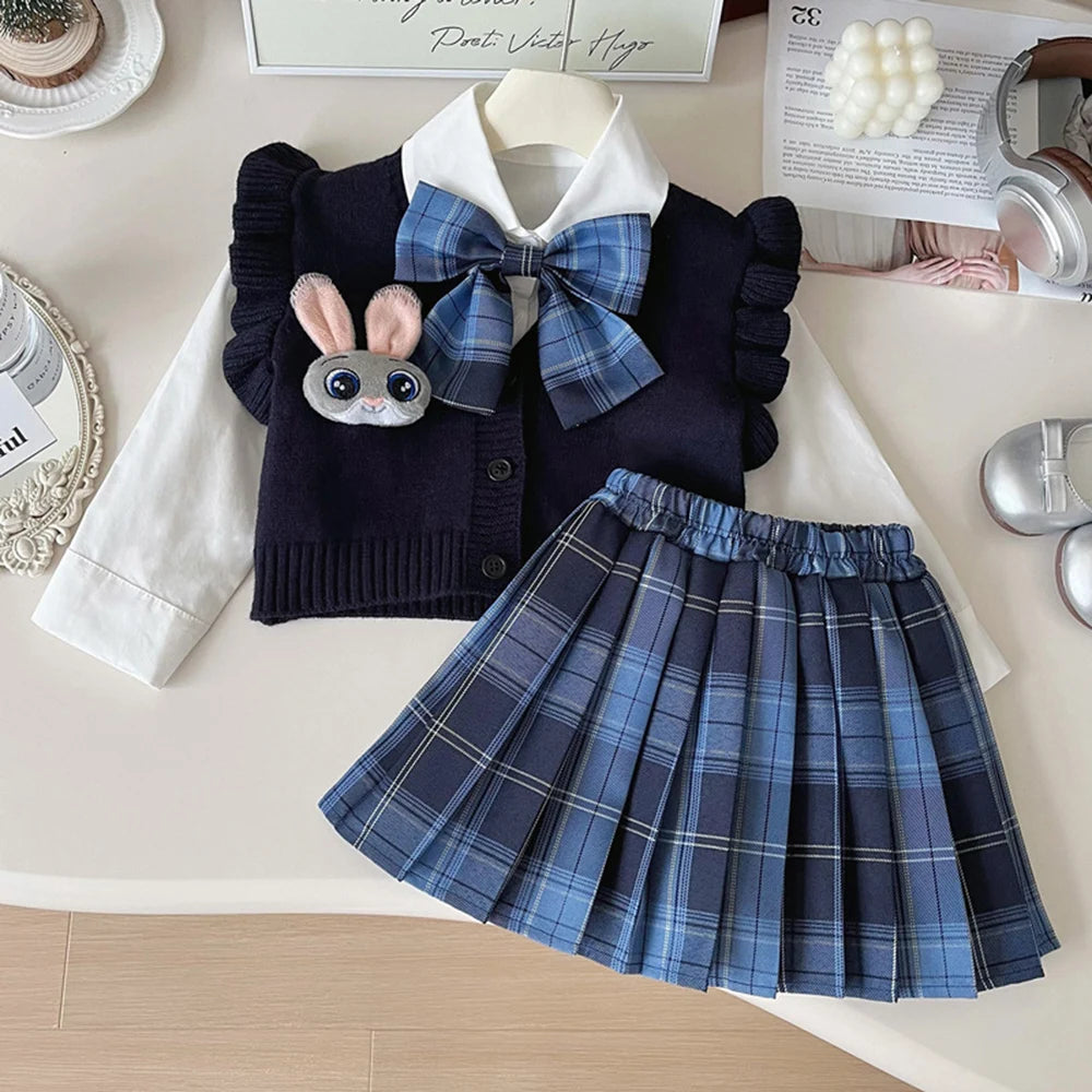 Knitted Vest With Turn-Down Collar & Plaid Skirt - 3pc Set Outfit