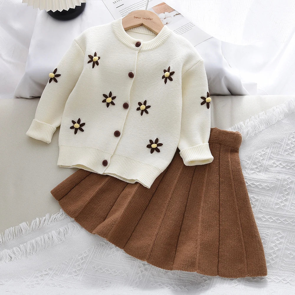 Beige Daisy Sweater Cardigan & Coffee Skirt 2Pcs