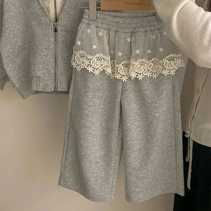 Cute Lace Patchwork Hoodie & Pants Two-piece Set