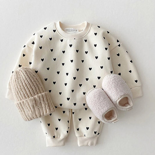 Heart Print Baby Hoodie & Pants Set