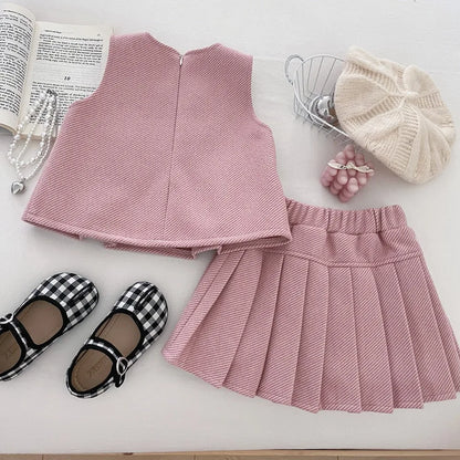 Pink and Blue Bow Vest & Pleated Skirt Two Piece Set