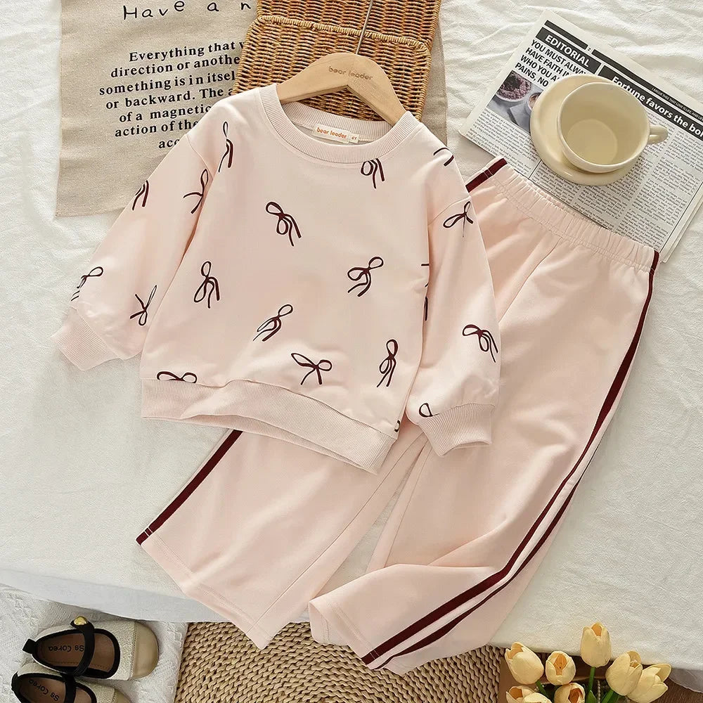 Beige Bow Top & Striped Pants Two-piece Set