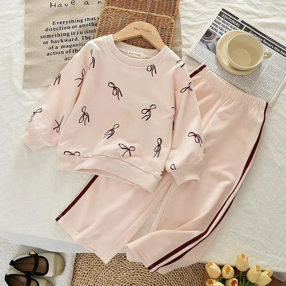 Beige Bow Top & Striped Pants Two-piece Set