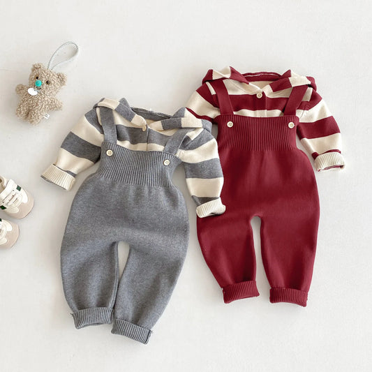Hooded Knit Cardigan And Solid Overalls Set