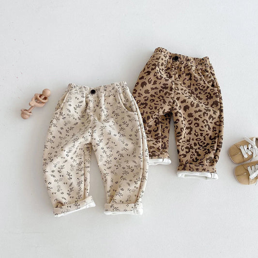 Warm Fleece-Lined Kids Pants - Floral & Leopard Print