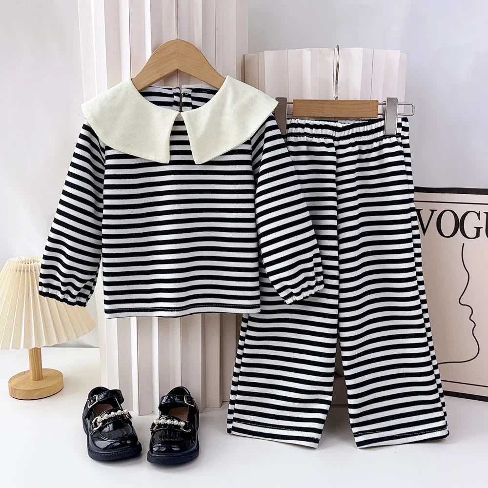 Stripe Collar Long Sleeve Top And Pants Set